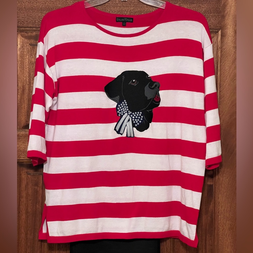 Bua/Bua Sequined Black Lab on a red and white striped sweater